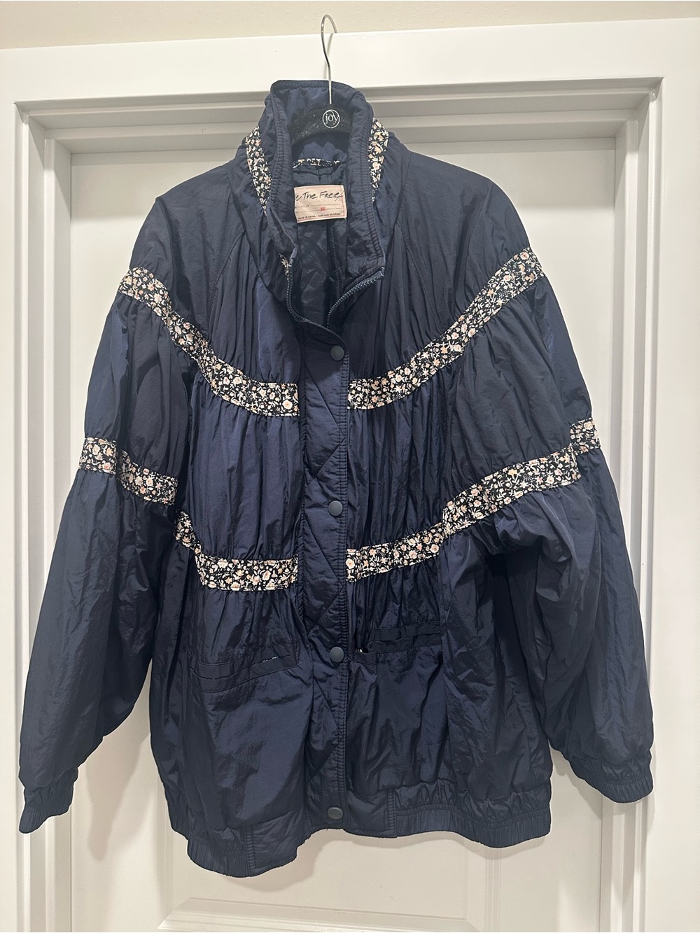 We The Free Navy Rouched Bomber Jacket with Floral Trim